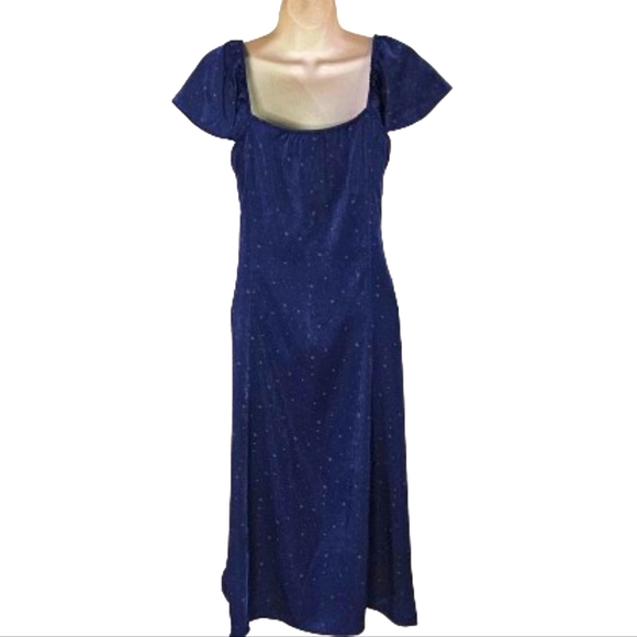 Lark + Grey Navy Blue/Brown Star Print Flutter Sleeve Midi Dress,Large - Picture 2 of 16